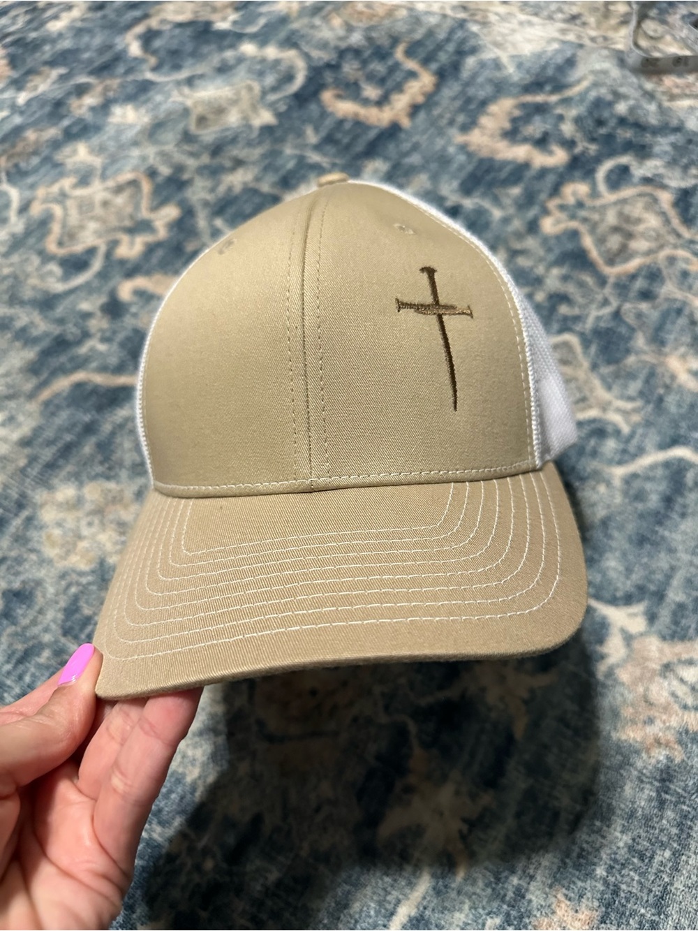 Tan Trucker Cap with Cross Embroidery - Men's Accessory